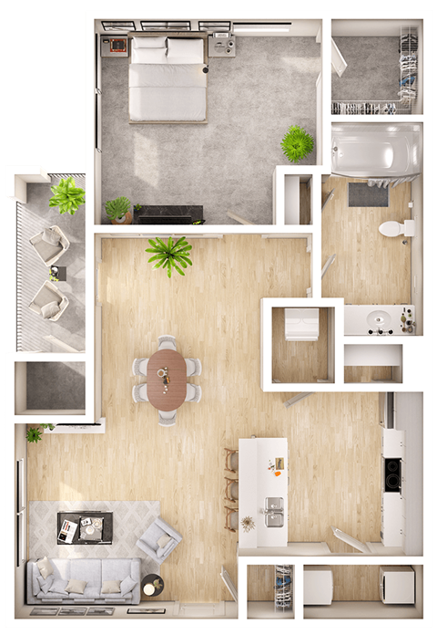 Floor plan for 1 bed, 1 bath, 724 sqft